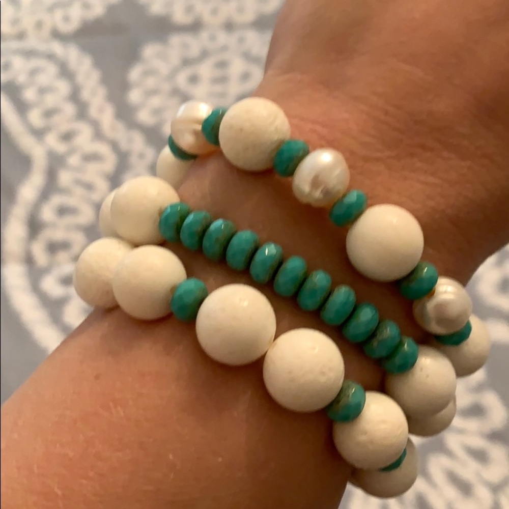 Set of three handmade stretchy bracelets.